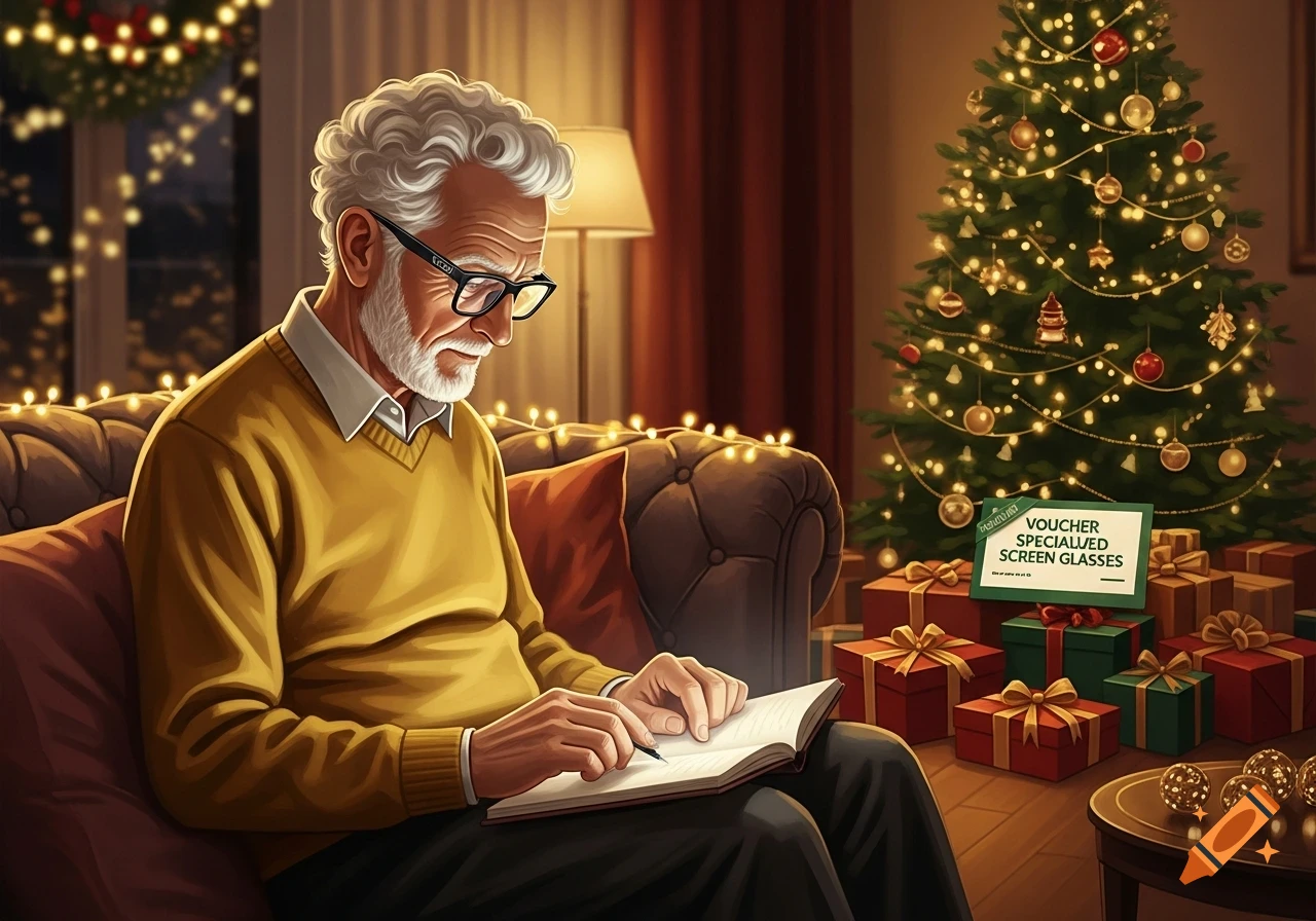 An elderly man with white hair and glasses sits on a sofa adorned with Christmas lights, writing in a book. A decorated Christmas tree and gifts are in the background, with a green sign reading "VOUCHER SPECIALUED SCREEN GLASSES".