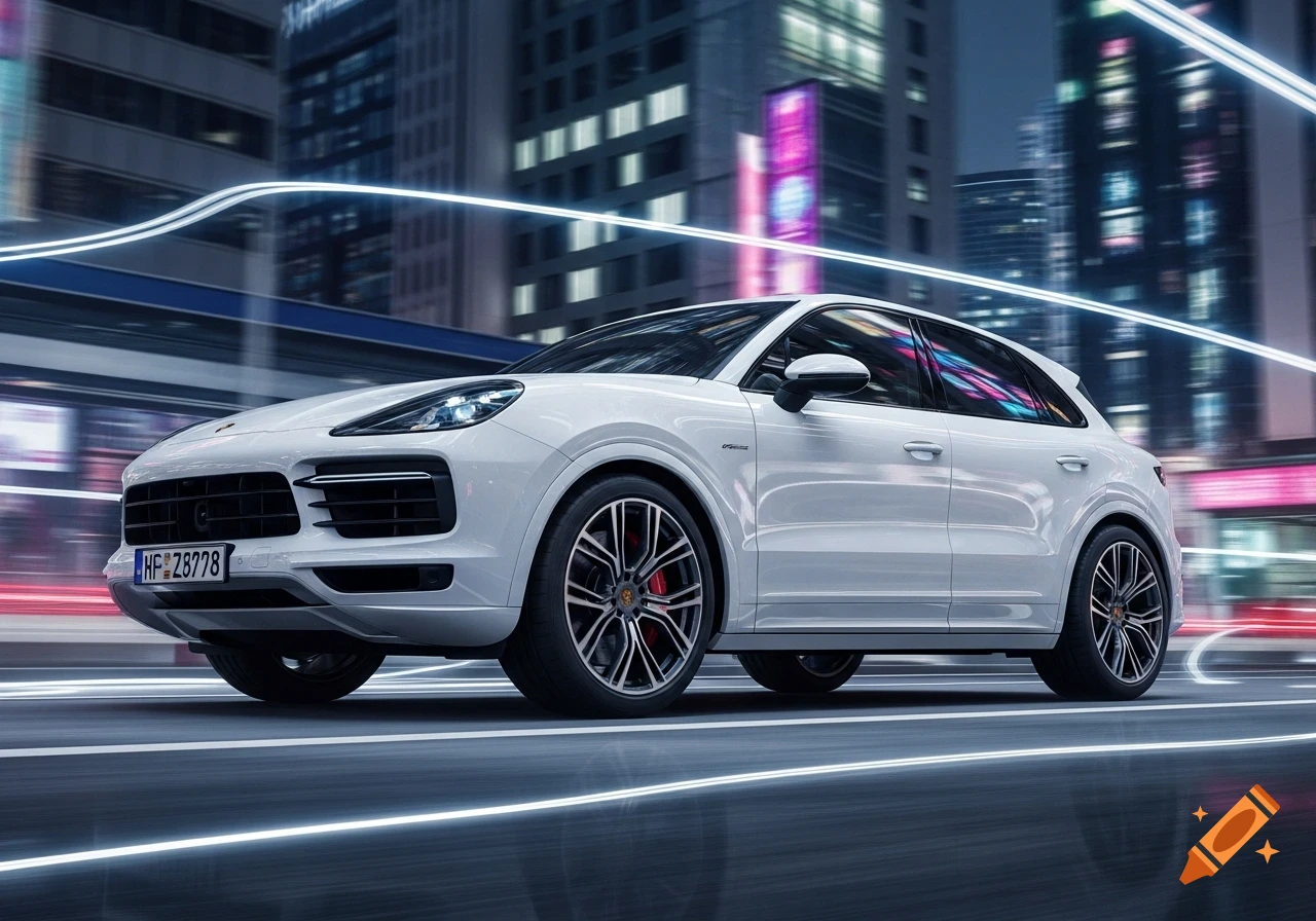 White Porsche Cayenne SUV driving at night on a city street with blurred buildings and neon light trails.