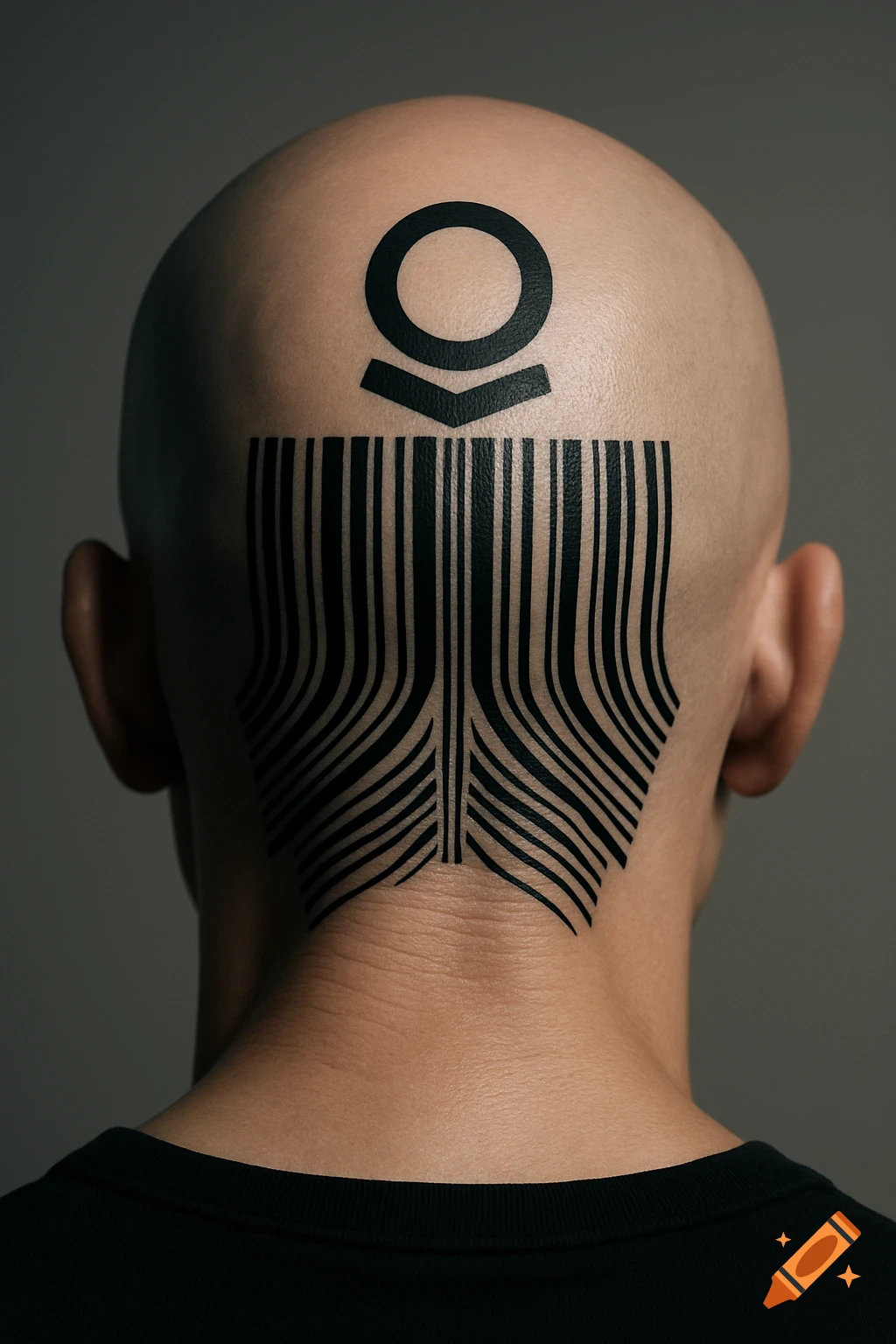 Rear view of a bald person with a black Palantir logo and stylized barcode tattoo on their head and neck, photorealistic.
