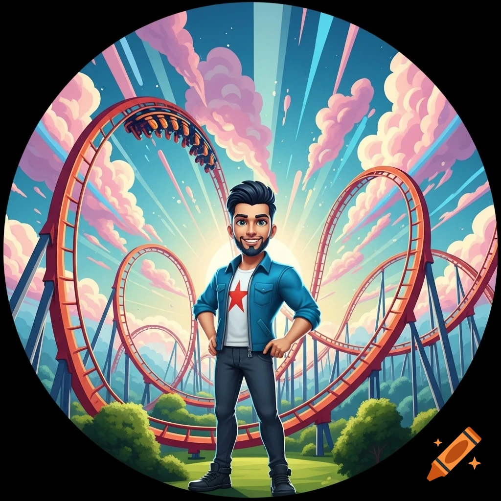 A cartoon man with a beard and a blue jacket stands smiling in front of a red rollercoaster under a bright, cloudy sky. It's a profile picture.