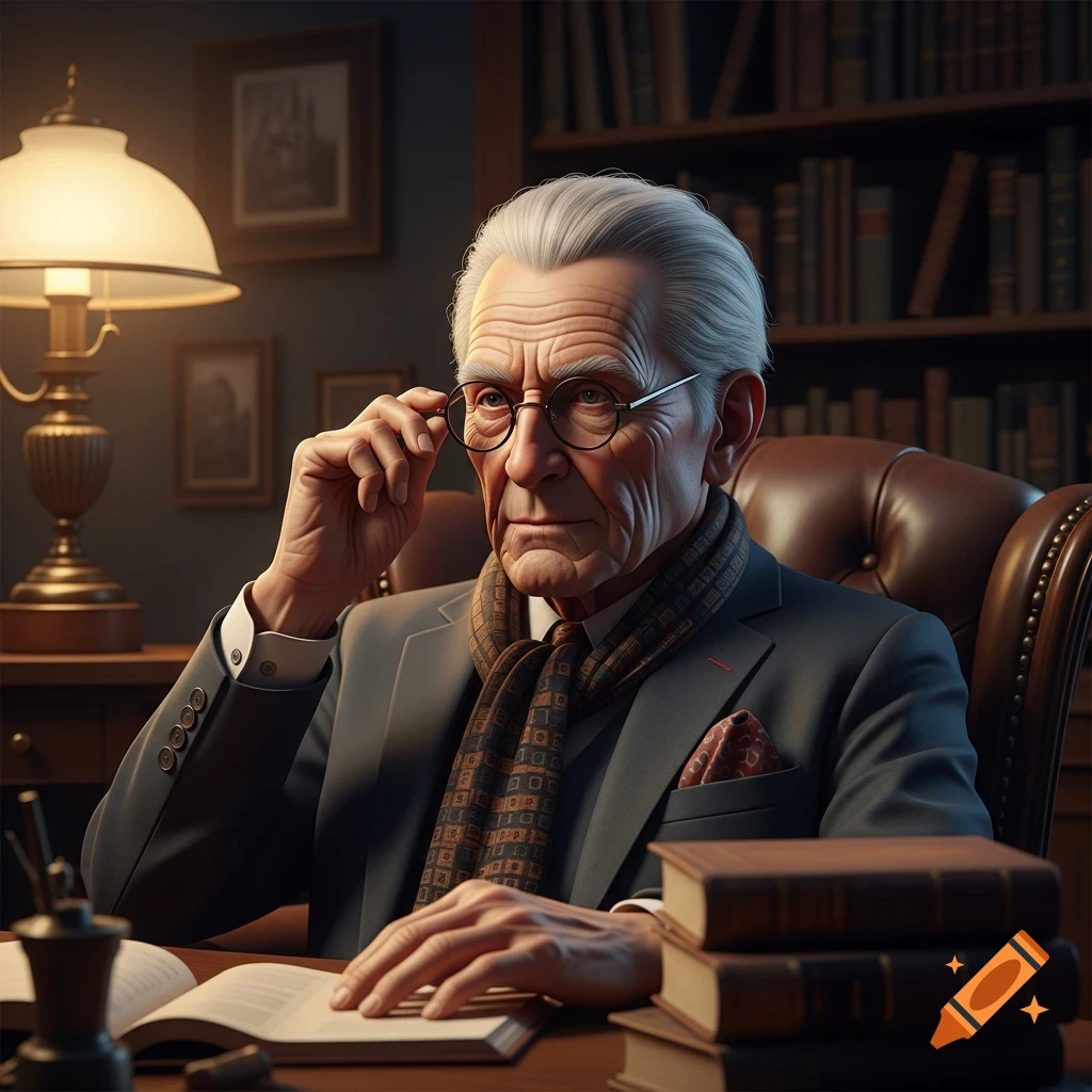 A photorealistic portrait of an old man with white hair and glasses, sitting at a desk with books in a study.
