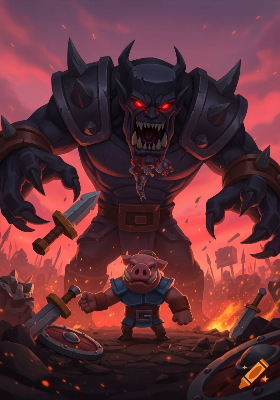 A giant dark monster with red eyes looms over a small pig warrior on a fiery battlefield, cartoon style.