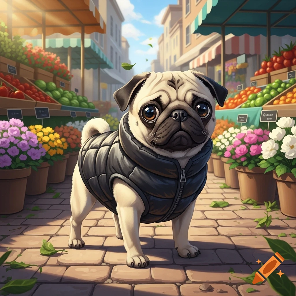 A cute pug wearing a black puffy vest stands on a cobblestone street in a vibrant outdoor market with fruit and flower stalls.