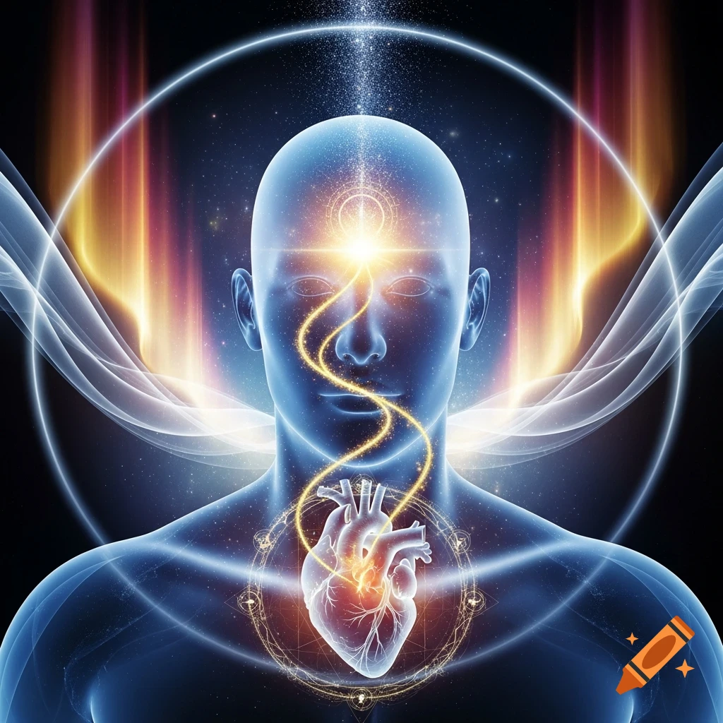 A glowing, ethereal human figure with light emanating from its head and heart, surrounded by abstract energy.