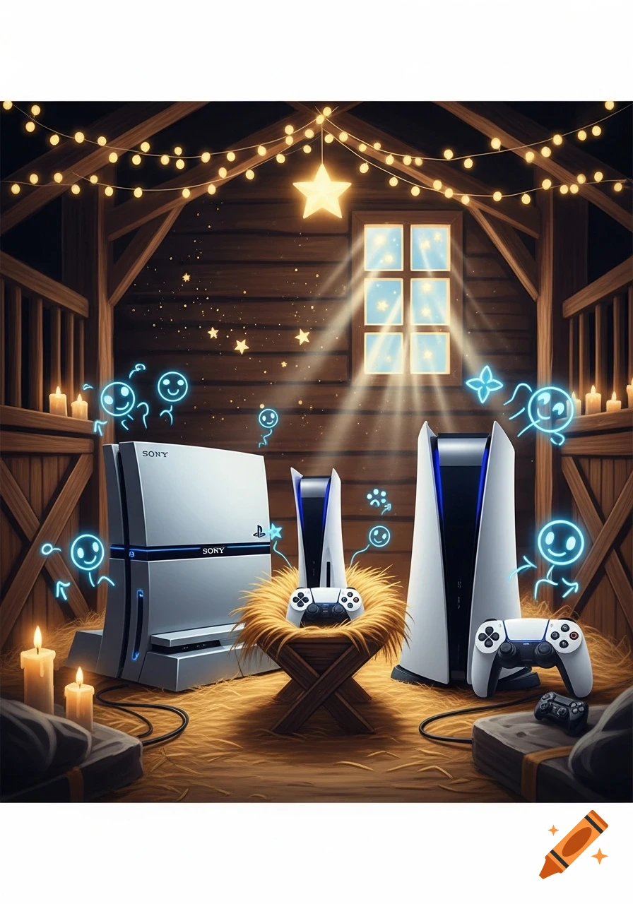 A Christmas nativity scene with a PlayStation 4 and two PlayStation 5 consoles, one in a manger, surrounded by glowing blue sprites.