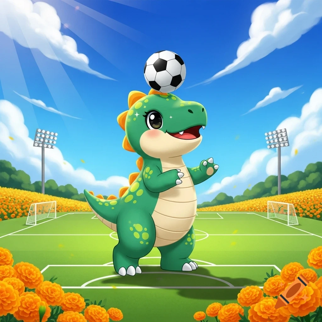 A cute green cartoon dinosaur balancing a soccer ball on its head on a sunny soccer field surrounded by orange flowers.