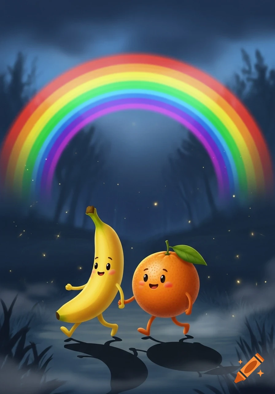 A whimsical illustration of a smiling cartoon banana and orange holding hands, walking under a bright rainbow in a dark, sparkling forest.