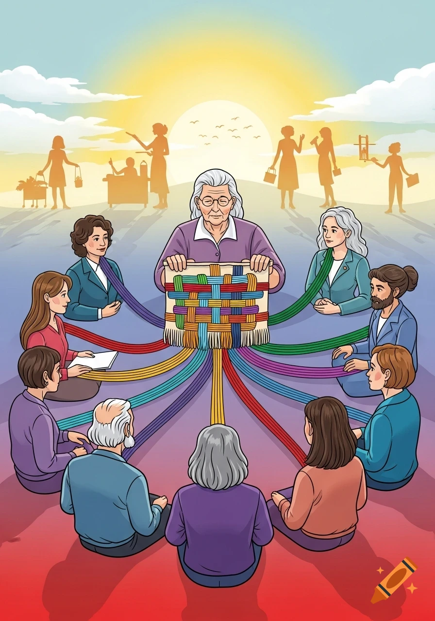 Stylized illustration of an older woman weaving, surrounded by people linked by colorful threads, with background silhouettes of women in various careers under a sunrise.