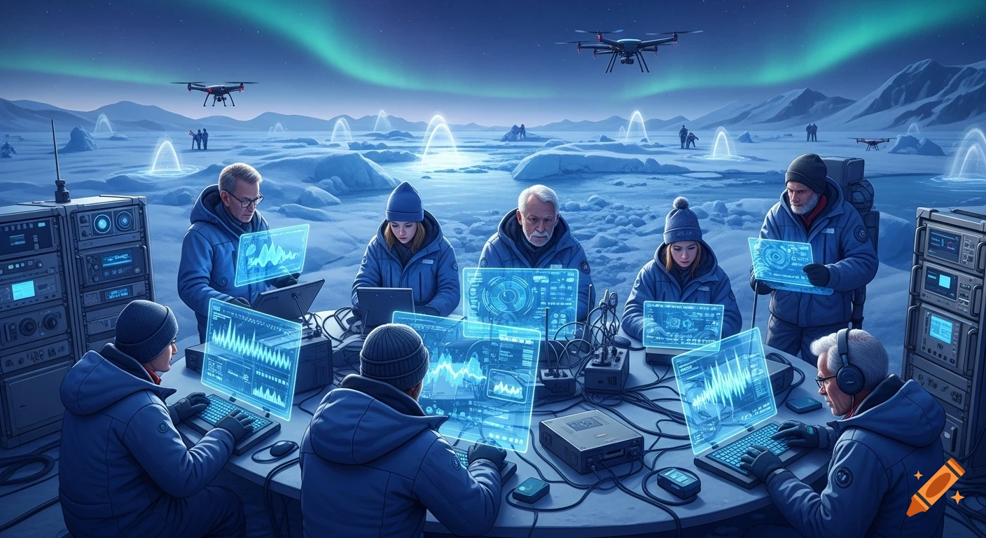 Scientists in blue winter gear huddle around glowing holographic screens with data, working at a table in a snowy arctic landscape under an aurora-lit sky with drones flying overhead.