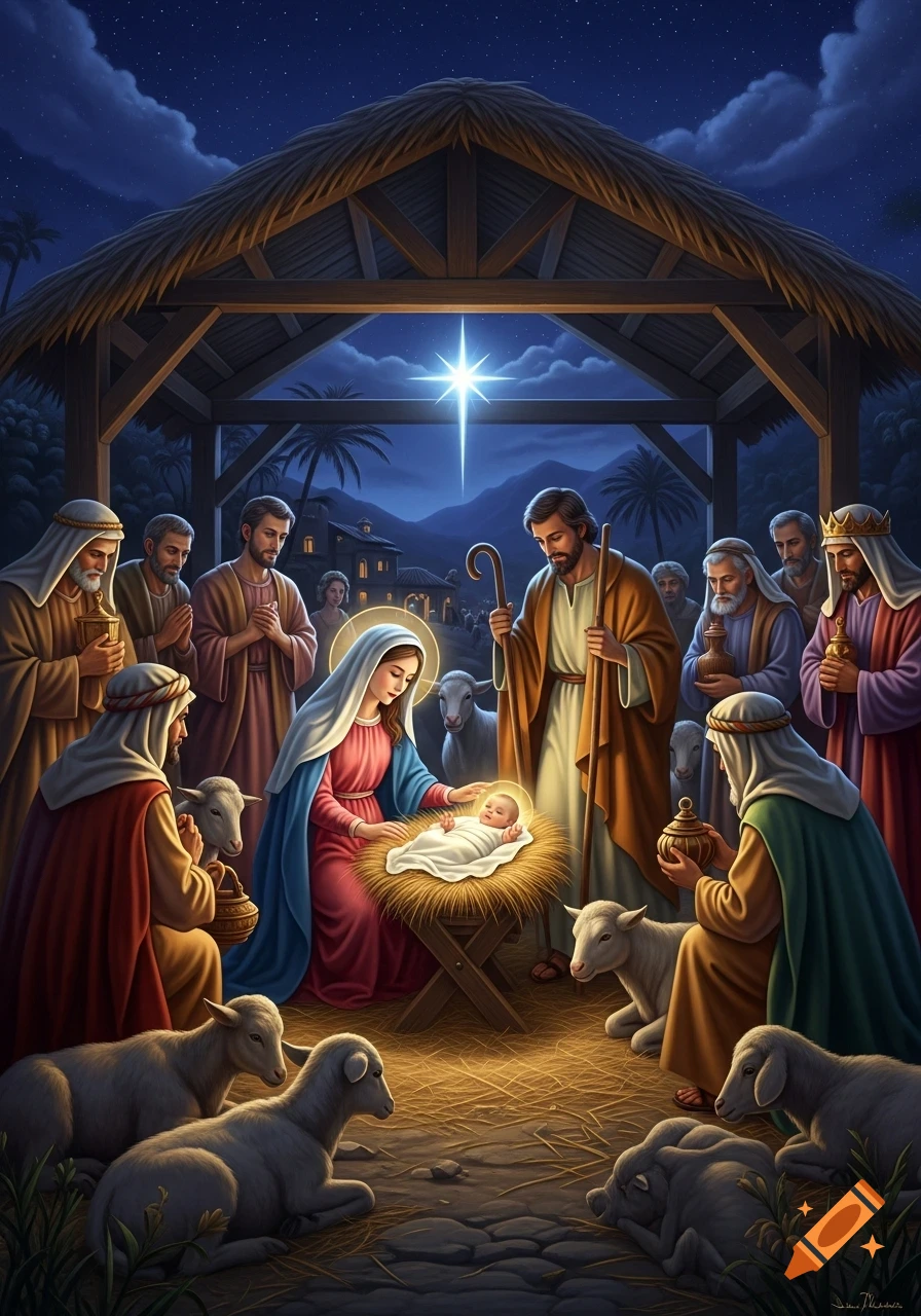 A beautiful, illuminated Nativity scene with Mary, Joseph, baby Jesus, shepherds, wise men, and sheep in a stable under a bright star.