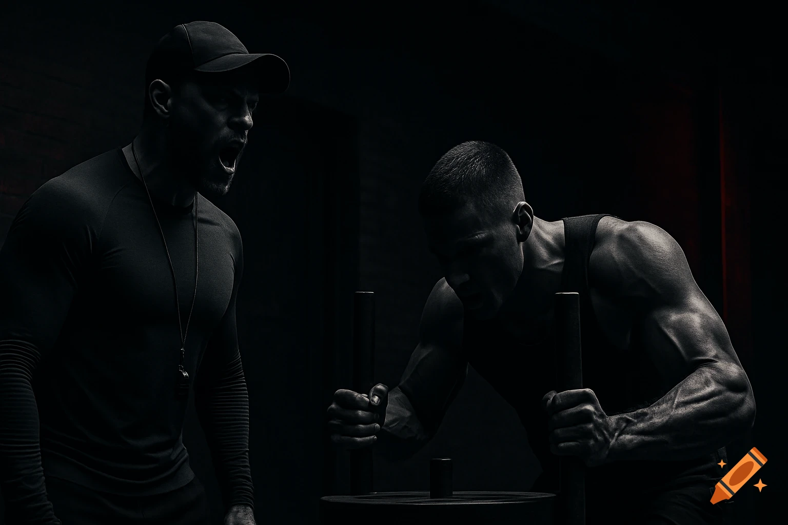 A coach yells encouragement to a male athlete pushing a sled in a dark, moody, black and white gym. Cinematic, low-key lighting.