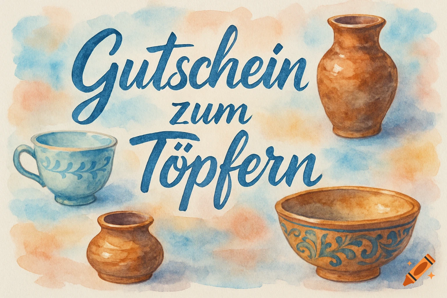 Watercolor illustration with text "Gutschein zum Töpfern" surrounded by various pottery items like vases, a bowl, and a cup.