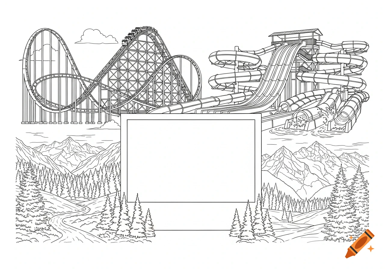 Black and white line art illustration of a roller coaster, water park slides, and an alpine landscape with a blank rectangular frame.