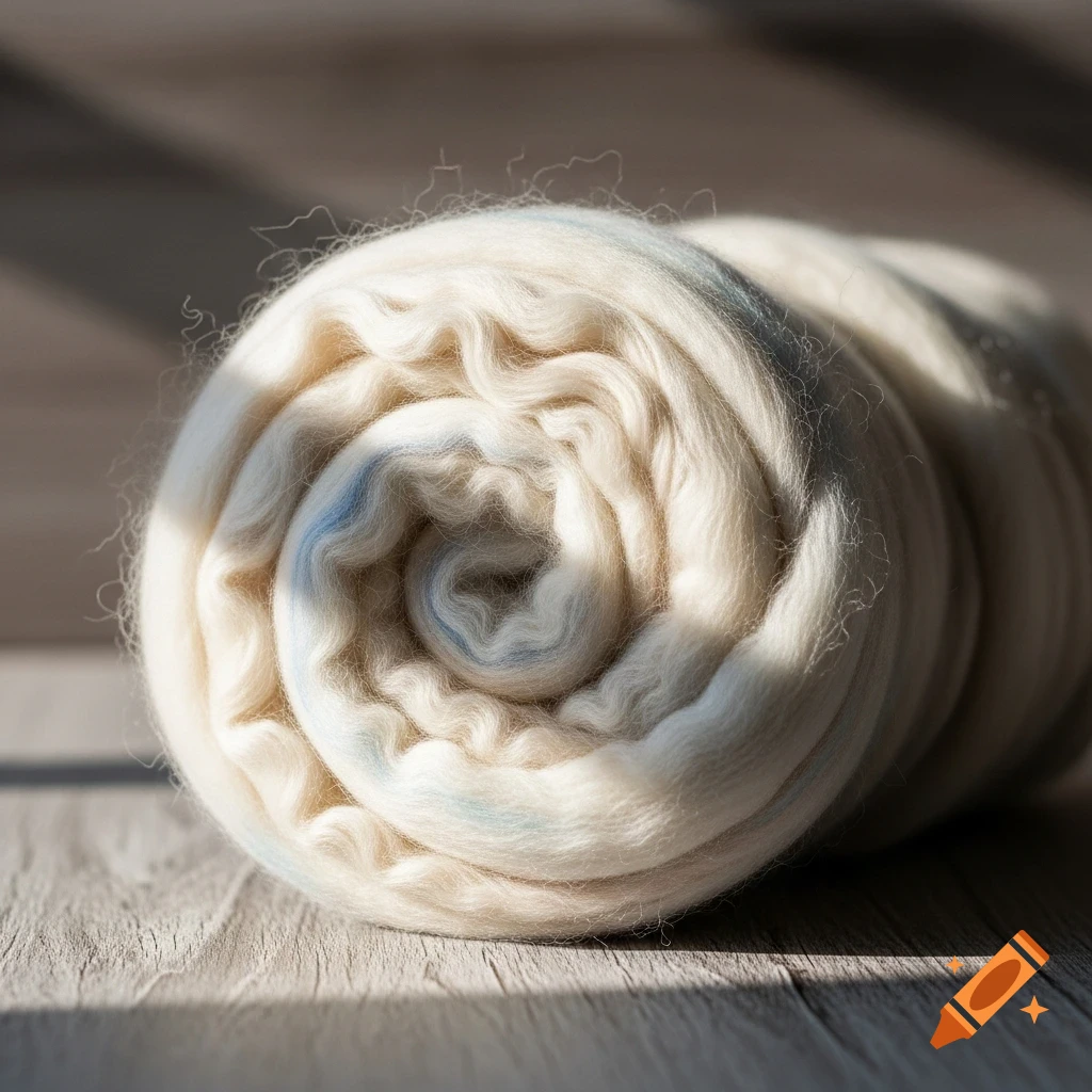 A close-up of a rolled bundle of creamy white wool with subtle blue streaks, illuminated by sunlight on a wooden surface.