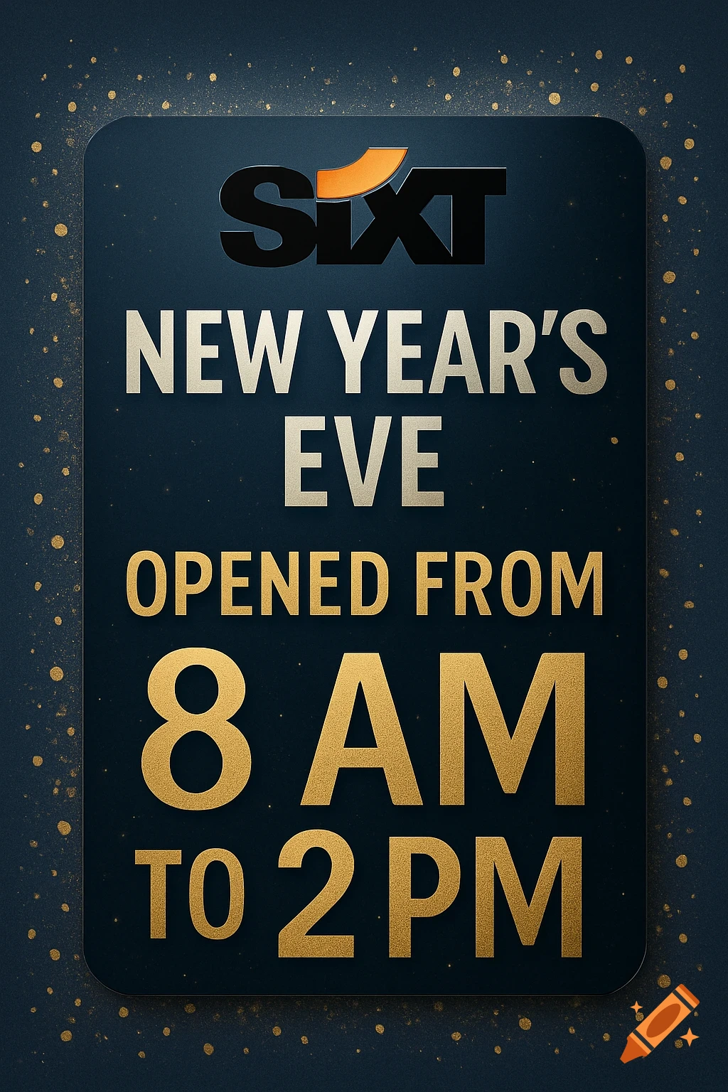 A dark blue sign with golden speckles announces Sixt's New Year's Eve opening hours: 8 AM to 2 PM, in gold and silver text.