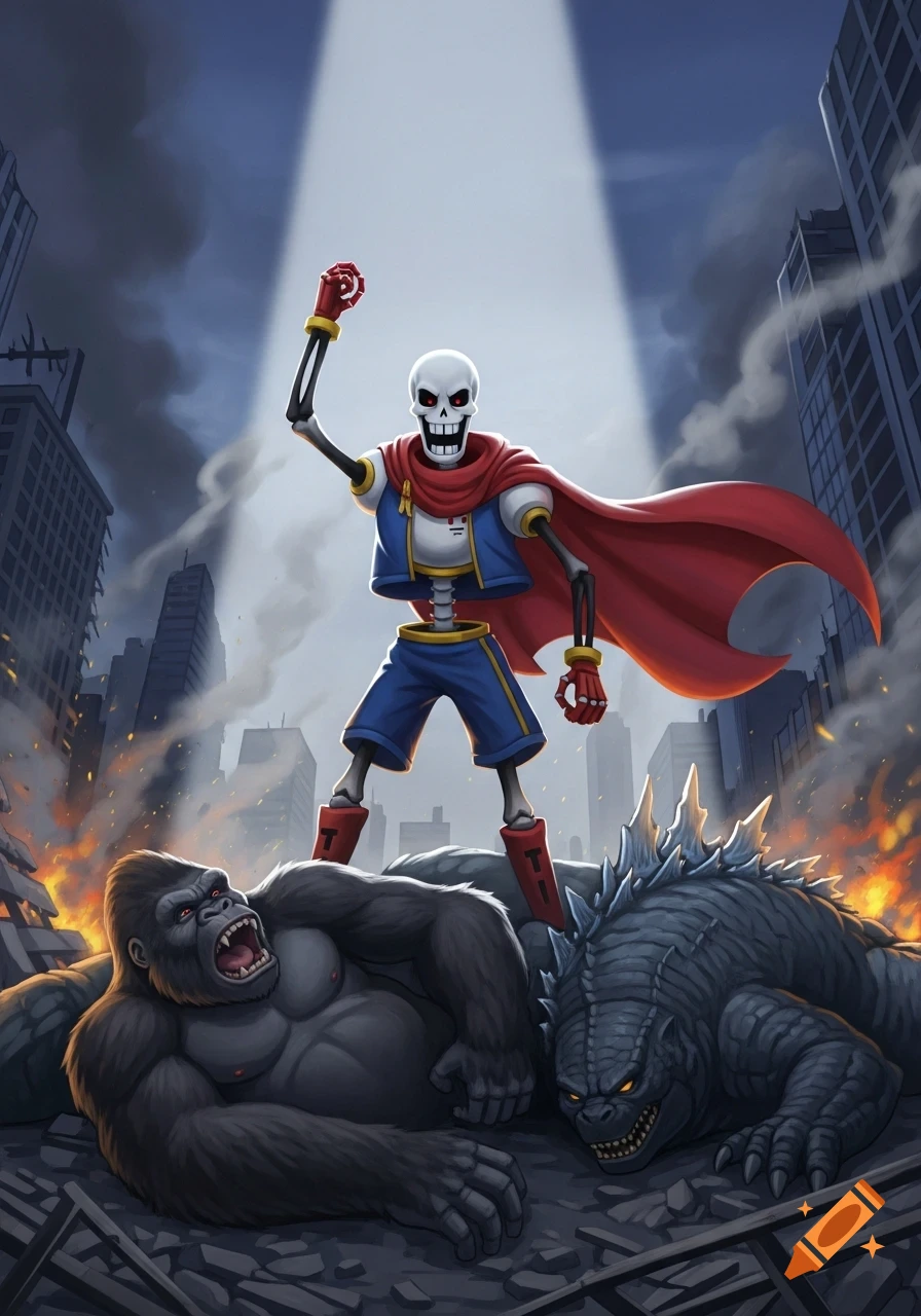 Papyrus from Undertale stands victorious over defeated King Kong and Godzilla in a destroyed city under a spotlight, in a comic art style.