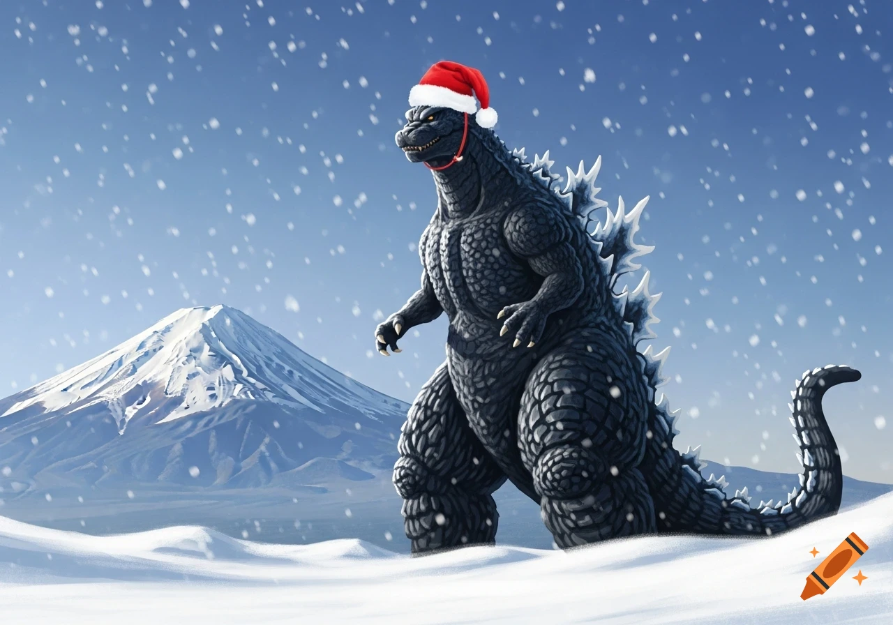 Digital illustration of Godzilla wearing a Santa hat, standing in a snowy landscape with Mount Fuji and falling snow in the background.