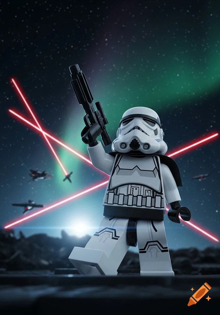 A Lego Stormtrooper stands with a blaster raised, illuminated by red laser beams in a starry sky with a green aurora and small spacecraft.