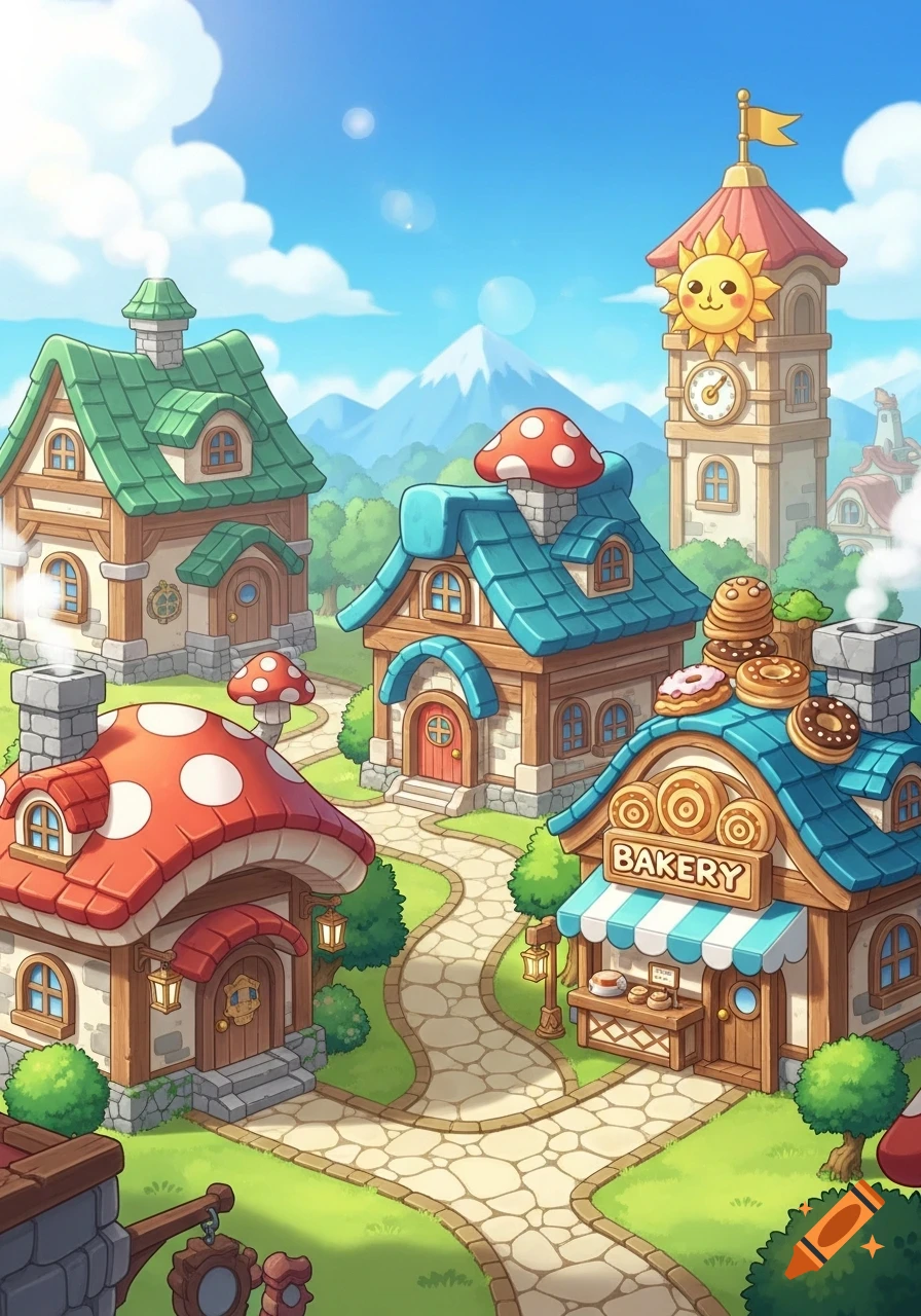 Colorful cartoon village with a bakery, mushroom-roofed houses, and a clock tower under a bright blue sky, in a cute video game art style.