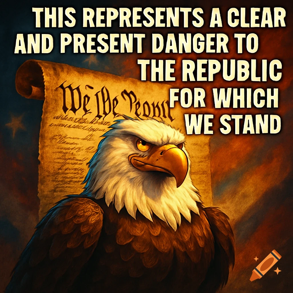 A stylized American bald eagle with an angry expression, in front of a weathered U.S. Constitution, with bold patriotic meme text.