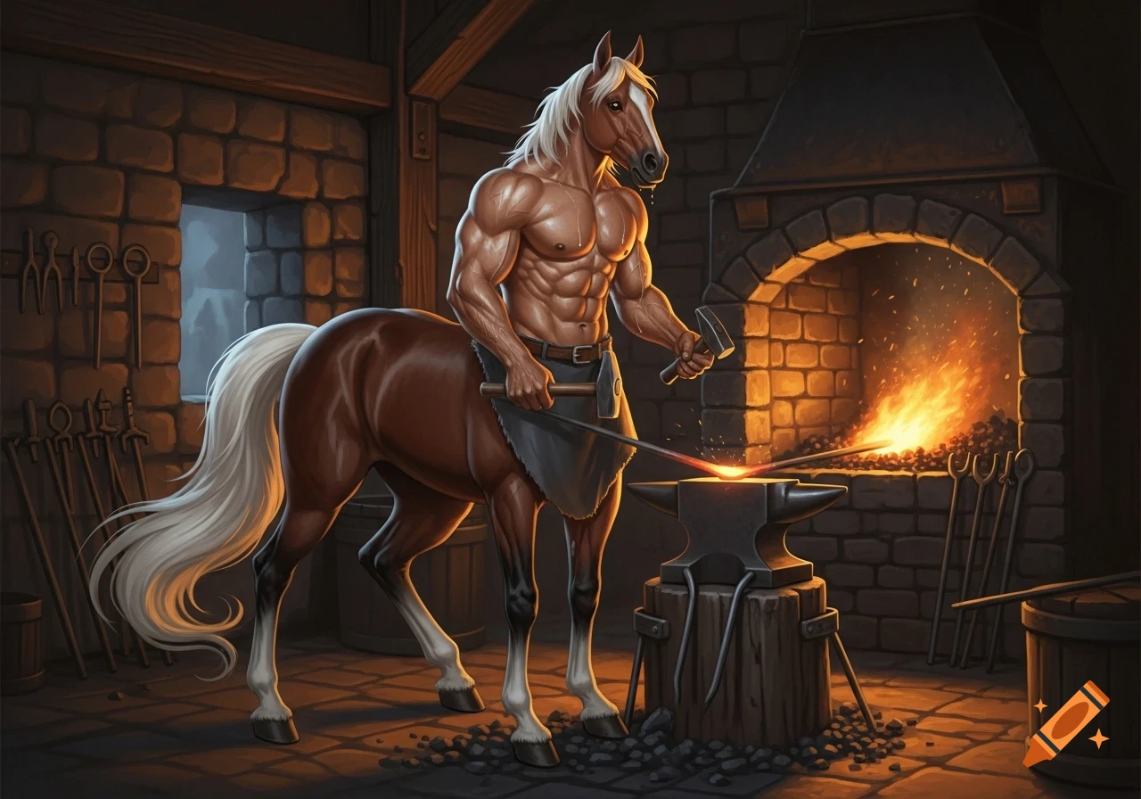 A muscular centaur blacksmith with a horse head and human torso, working hot metal on an anvil in a warmly lit stone forge.