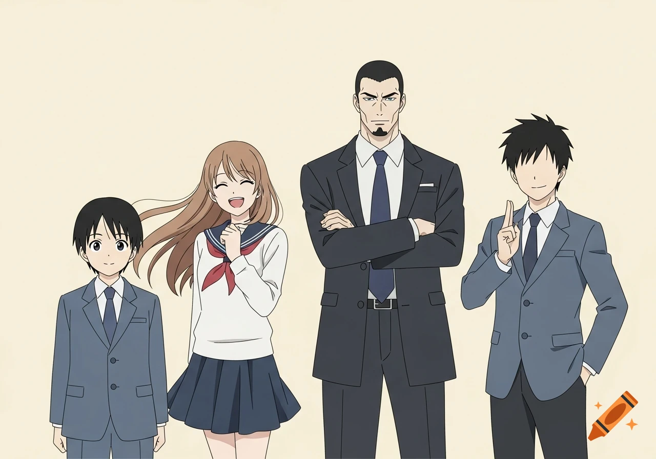 Four anime characters stand side-by-side: a boy, a smiling schoolgirl, a bearded man in a suit, and another man in a suit with obscured eyes.