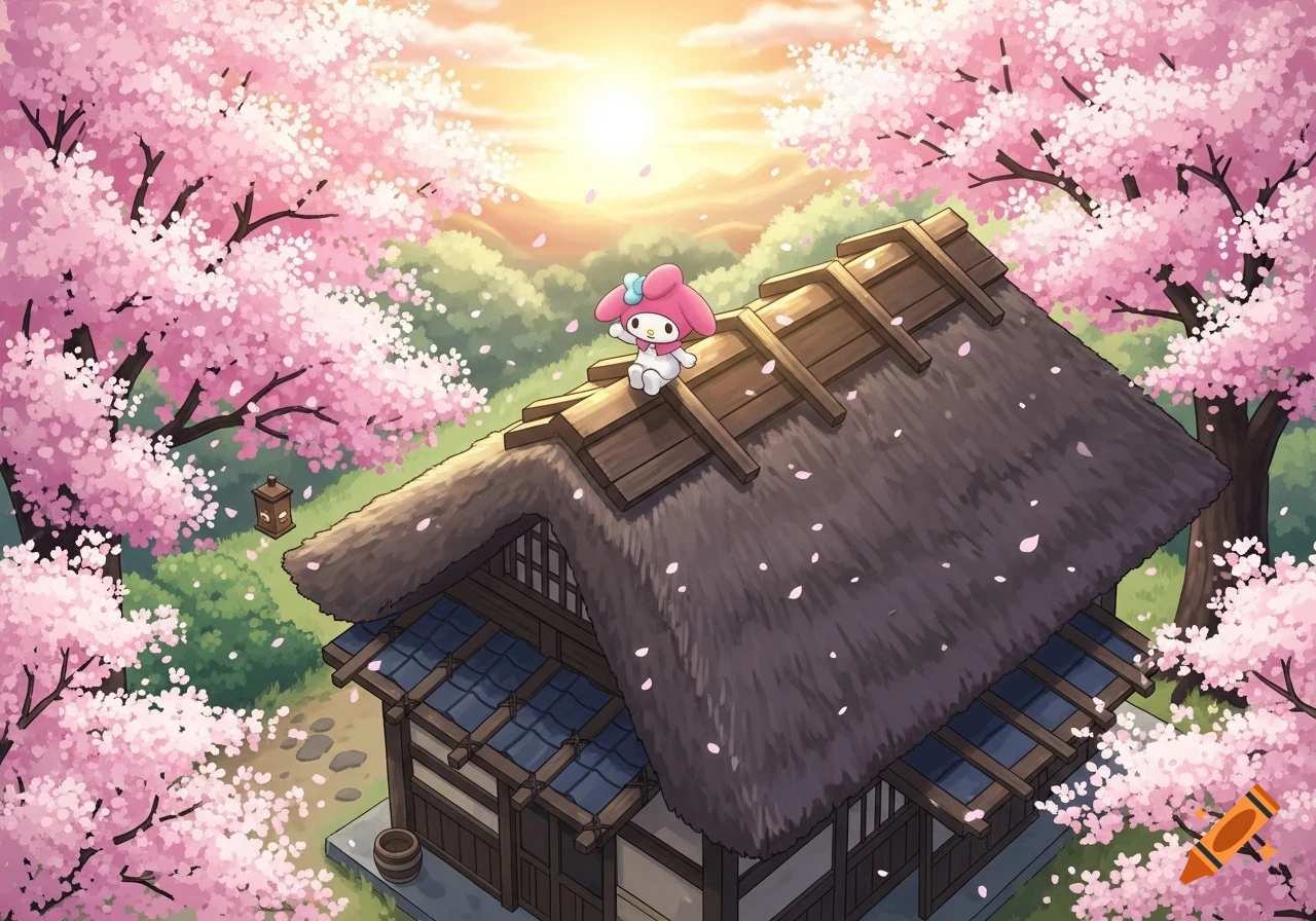 My Melody sits on a thatched roof of a traditional Japanese house surrounded by pink cherry blossoms under a sunrise, in an anime style.