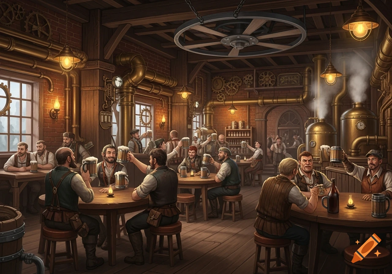 Men are drinking and socializing in a bustling steampunk-themed tavern filled with industrial pipes and gears.