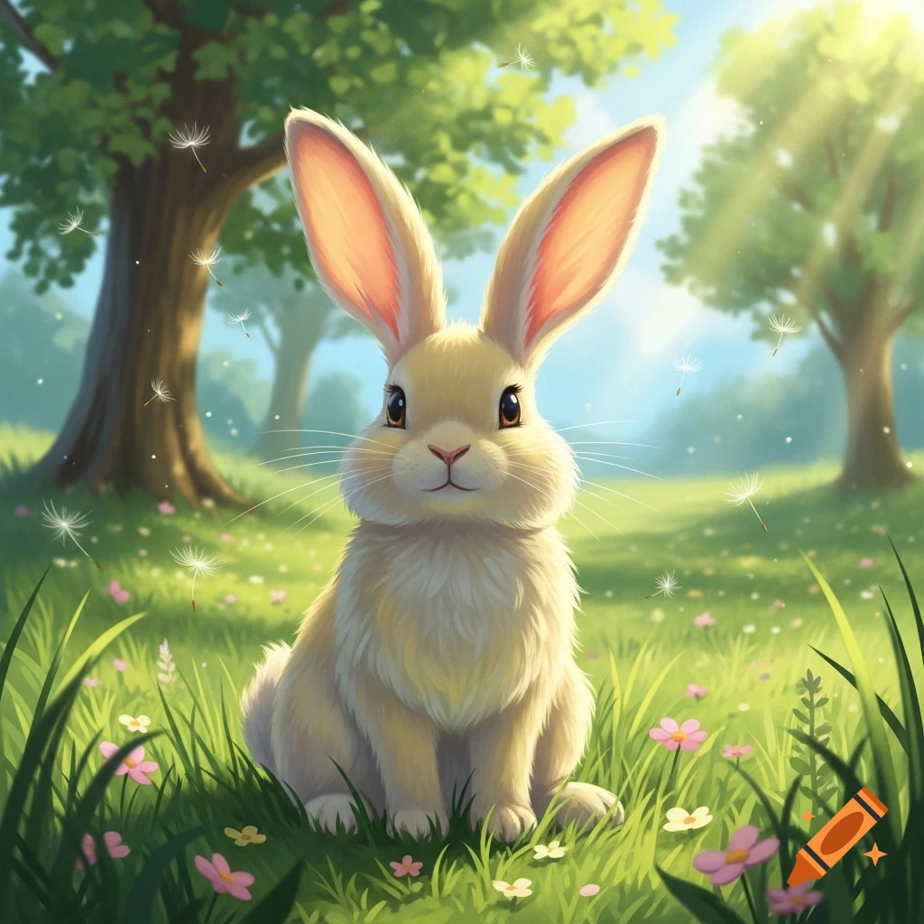 A cute, fluffy light yellow rabbit sits in a sunny green field with pink and yellow flowers and distant trees, digital illustration.