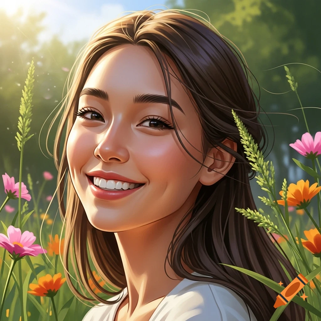 A smiling young woman with long brown hair in a sunny field of colorful ...