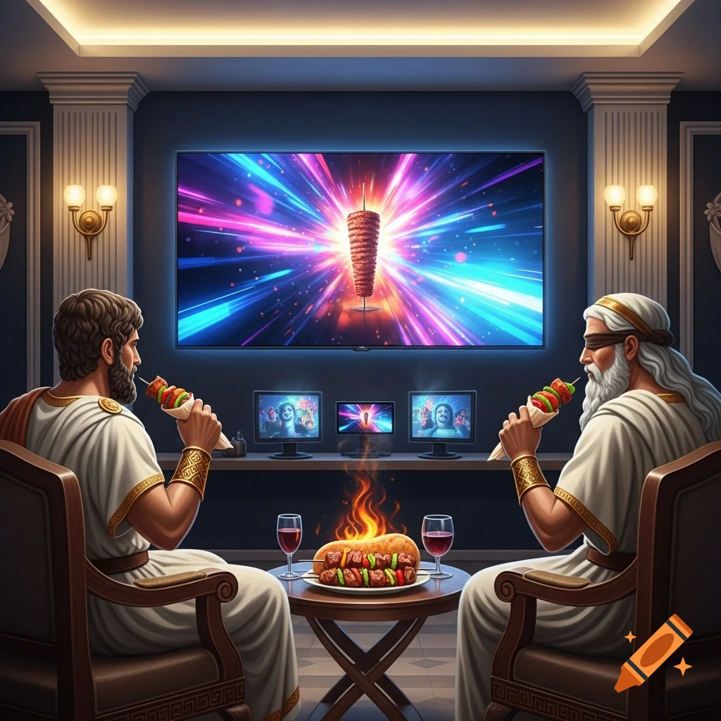 Two ancient Greek-style men in tunics eat kebabs while watching a giant TV screen displaying a glowing kebab skewer, in a modern room.
