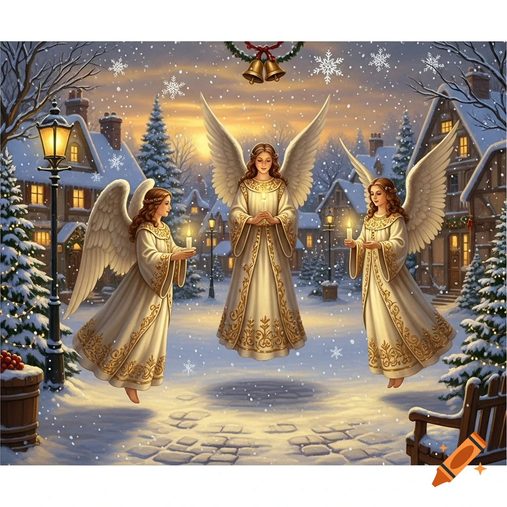 Three angels with white wings and ornate gowns float above a snowy Christmas village at sunset, holding candles.