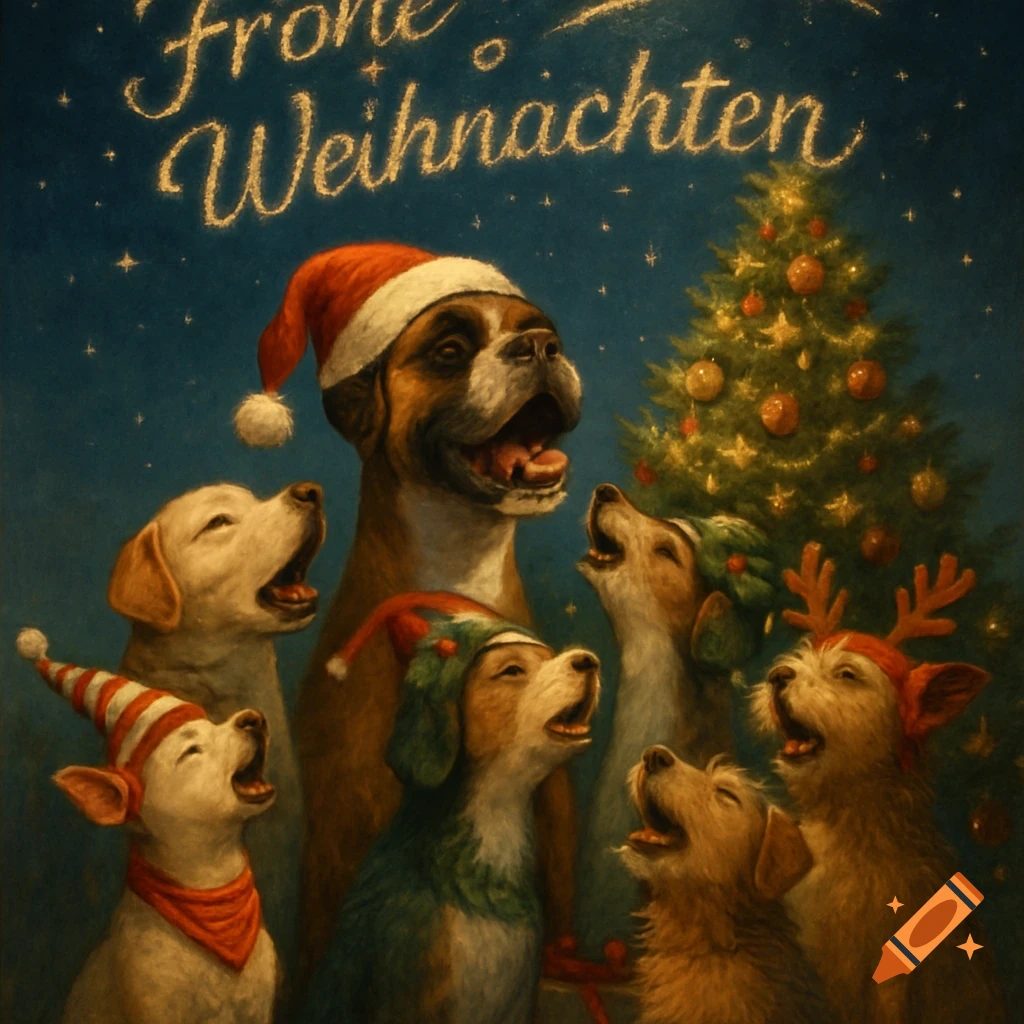 A painting of a group of festive dogs in Christmas hats singing 'Frohe Weihnachten' in front of a decorated Christmas tree.