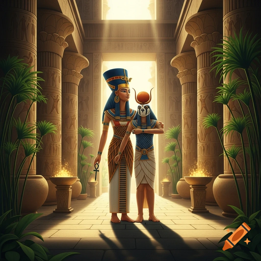 An ancient Egyptian queen-like figure holding an ankh stands with a child-like masked deity in a grand temple with ornate columns and glowing braziers.