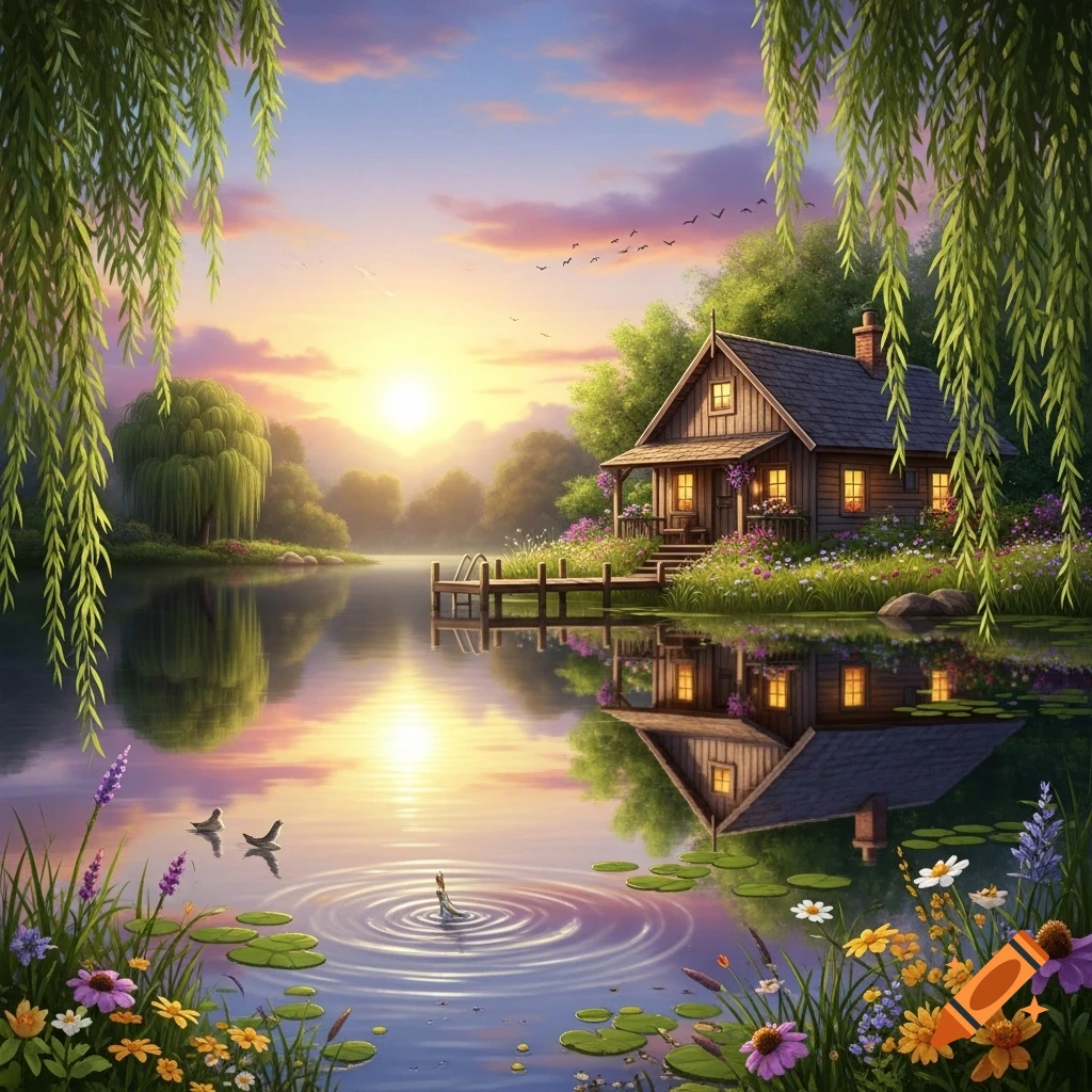 A charming wooden cottage with glowing windows sits by a tranquil lake at sunset, framed by weeping willows and wildflowers.