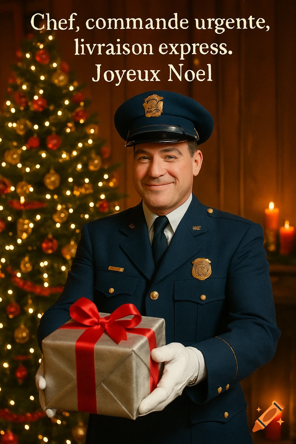 A smiling man in a blue uniform and white gloves holds a wrapped gift in front of a lit Christmas tree, with text above him.