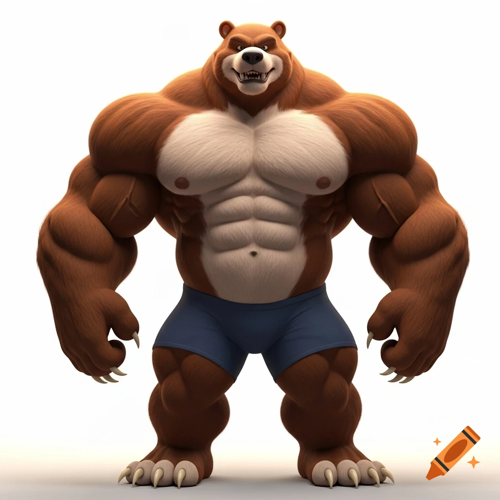 Muscular, brown anthropomorphic cartoon bear in blue shorts, standing and smiling, on a white background.