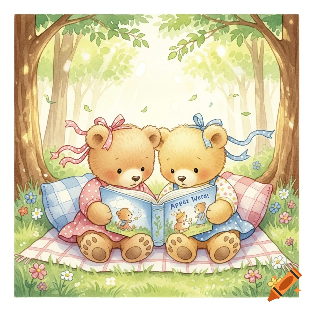 Two cute cartoon bear cubs with bows sit on a picnic blanket in a sunny forest, reading a storybook together in a watercolor style.