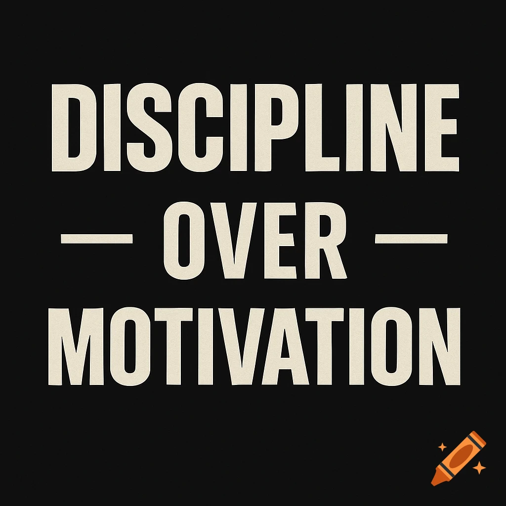 Bold, off-white text 'DISCIPLINE OVER MOTIVATION' on a black background, with a subtle grain texture.