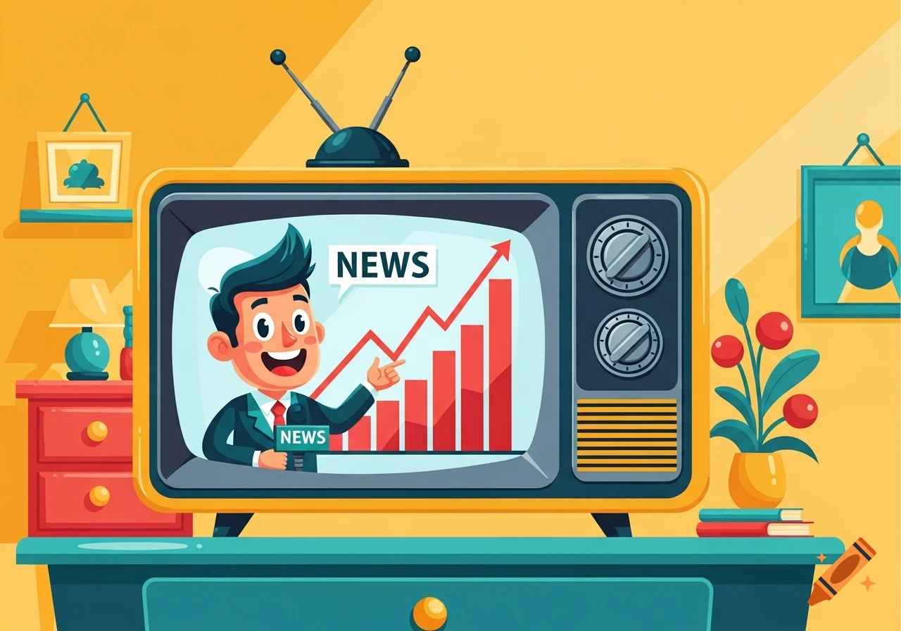 Cartoon illustration of a happy news anchor on an antique TV, pointing at a red ascending bar graph on screen.