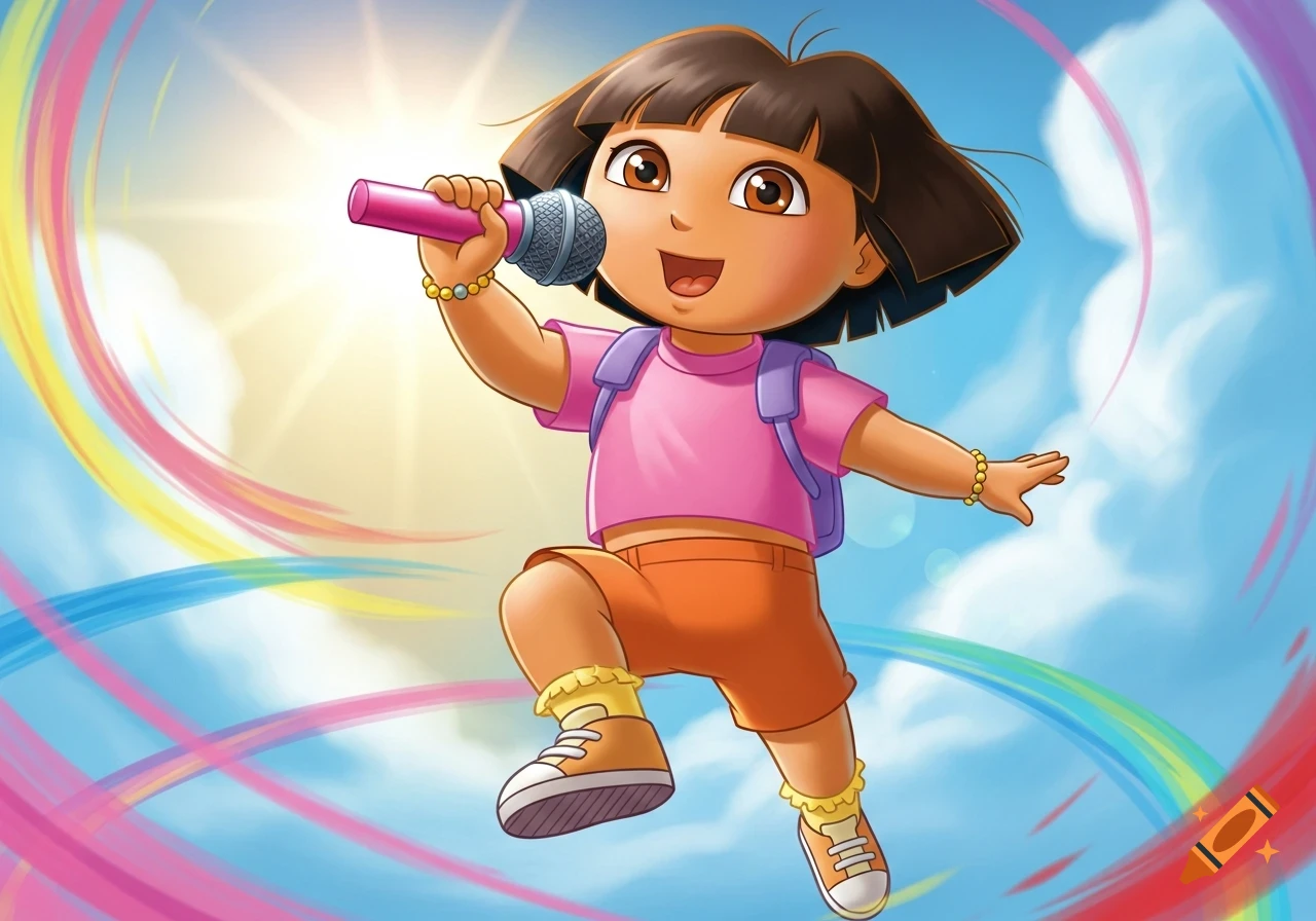 Cartoon Dora the Explorer, with a pink microphone, jumps happily in a sunny blue sky with rainbow streaks.