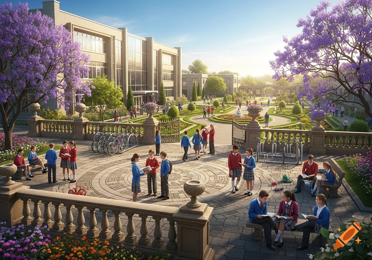 A photorealistic image of a grand school building with students in uniform scattered across a beautifully landscaped courtyard with purple flowering trees.
