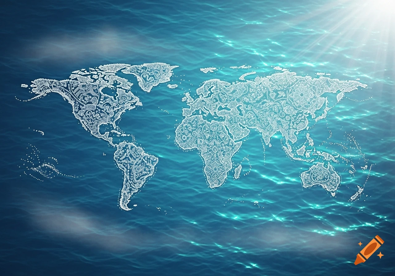 A stylized world map outlined by intricate white patterns floating on a vibrant blue ocean with sunlight reflecting on the water.