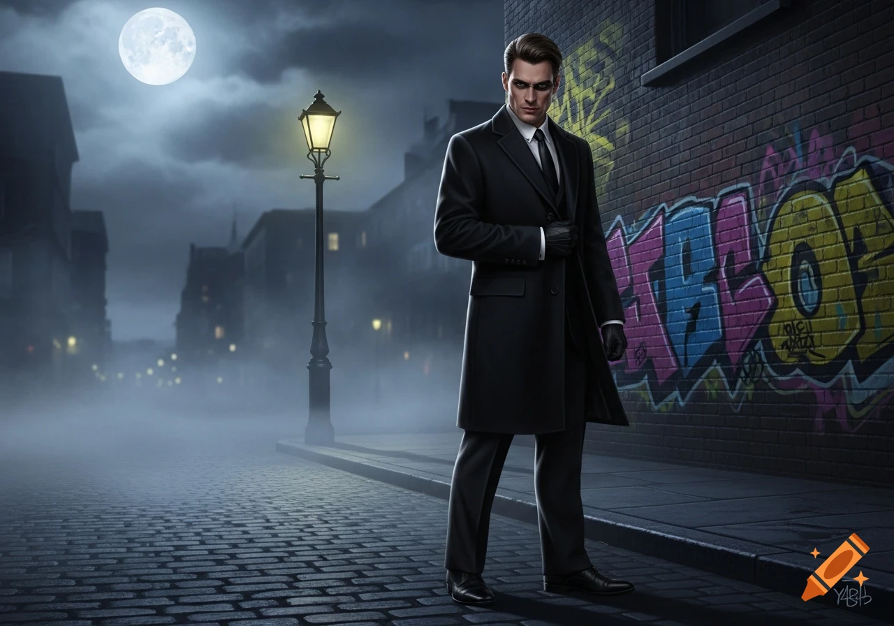 A man in a black trench coat and gloves stands on a cobblestone street in a foggy, dark city alley under a full moon, next to a graffiti-covered brick wall.