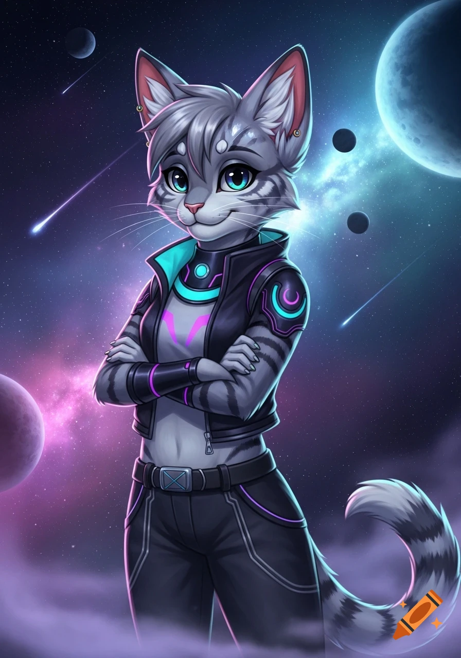 A grey tabby furry cat in a black and cyan sci-fi jacket and pants stands with crossed arms in a starry purple space with planets.