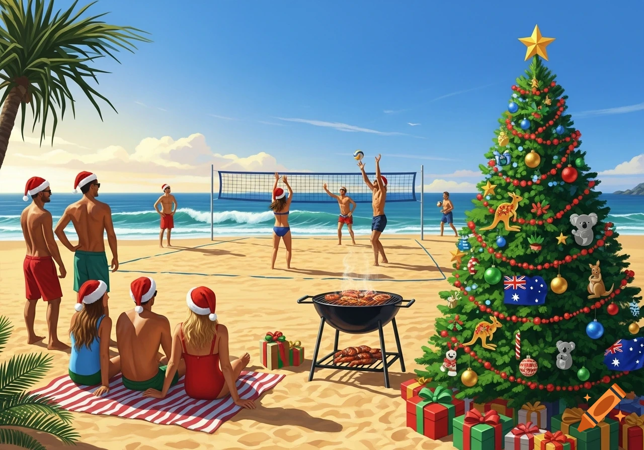 Illustrated scene of people celebrating Christmas on a sunny Australian beach with volleyball, a BBQ, and a decorated Christmas tree.