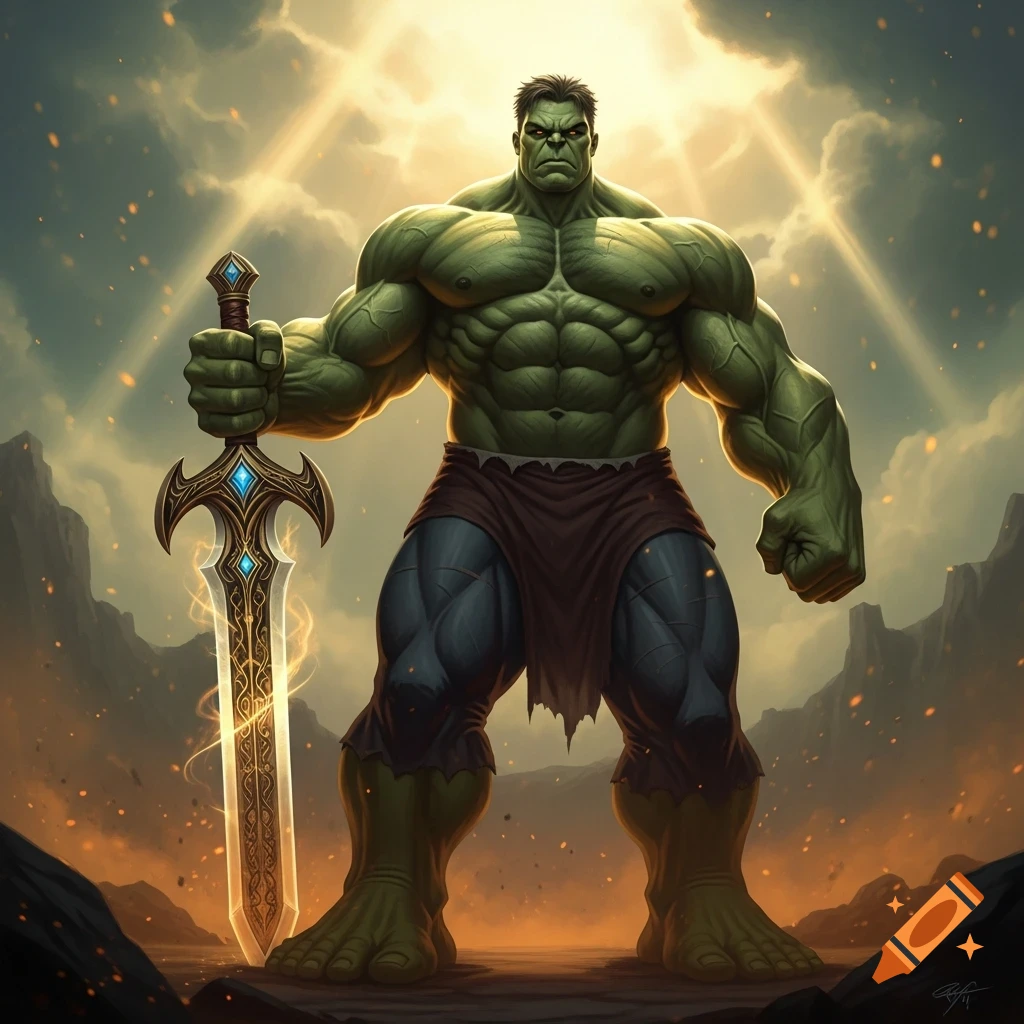 A powerful green Hulk-like figure stands with an ornate, glowing sword ...