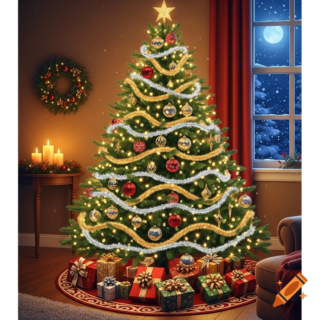A beautifully decorated Christmas tree with lights, ornaments, and presents in a festive room with a snowy window view at night.