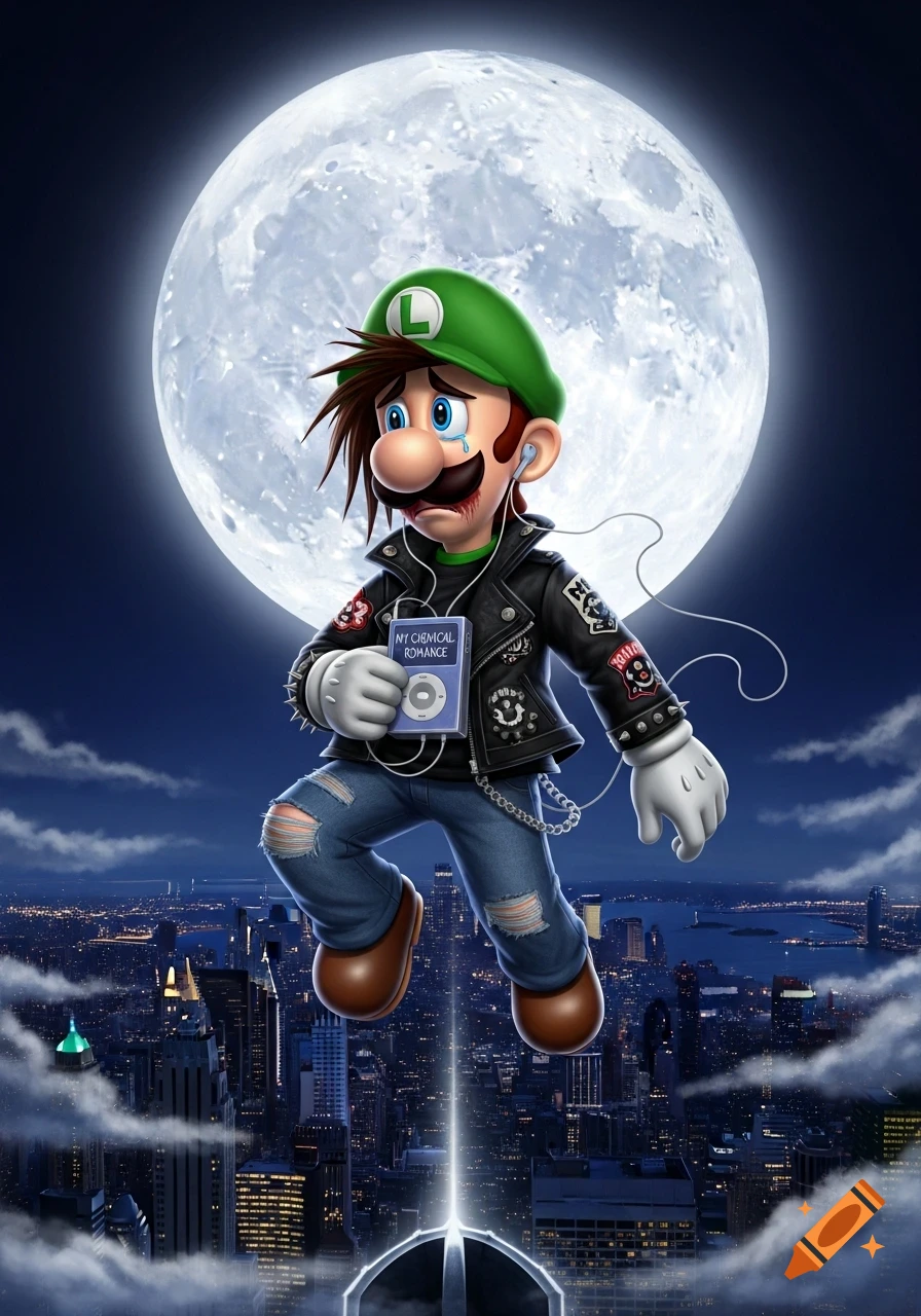 Emo Luigi crying while listening to music on his iPod, jumping over a cityscape at night with a large moon in the background.