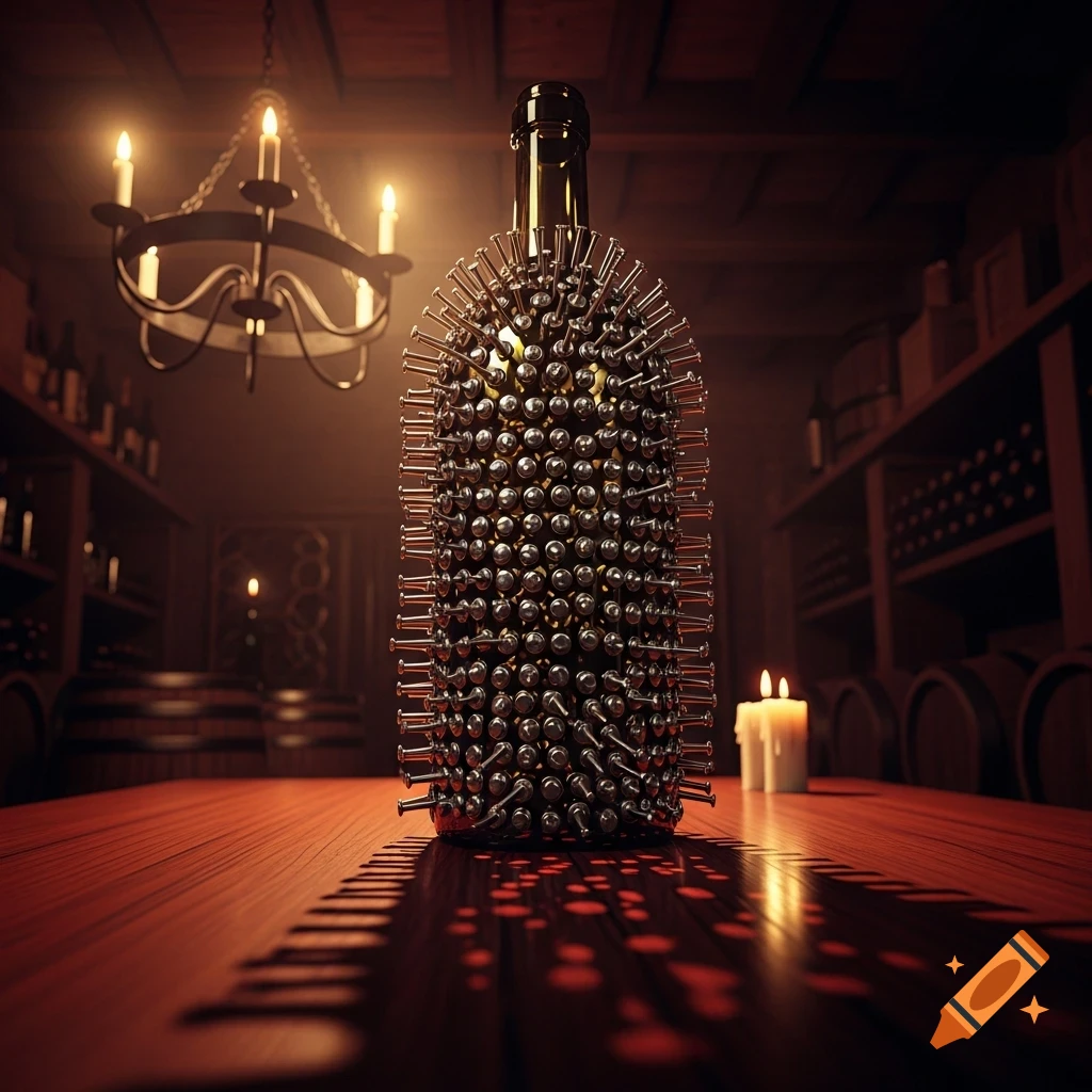 A wine bottle covered in metal nails stands on a wooden table in a dimly lit wine cellar, lit by candles and a chandelier.
